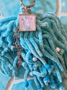 “Glamour Is My Drug” Turquoise Teal Bag Charm Keychain